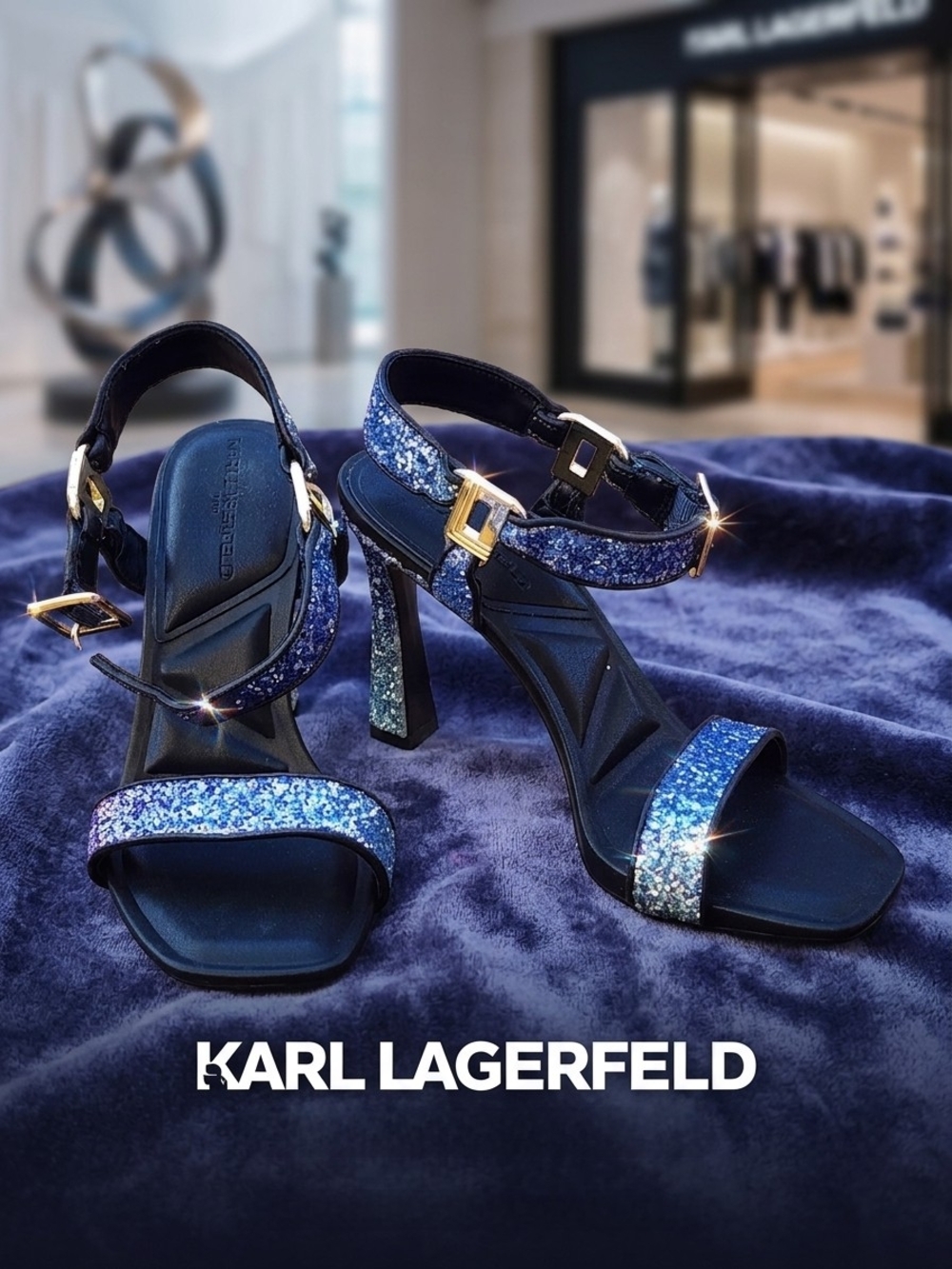 KARL LAGERFELD PARIS Dorcie Blue Glitter Buckle Ankle Strap High Heel Sandals